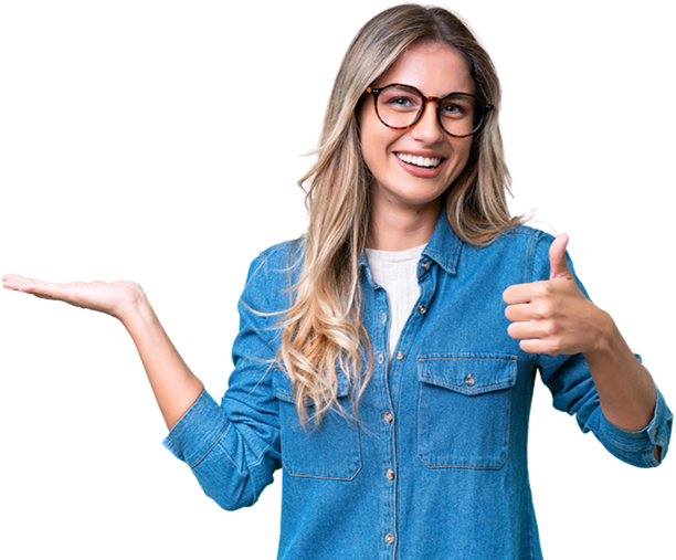 A woman with long blonde hair, glasses, and a denim shirt giving a thumbs-up and holding her other hand out as if presenting something against a yellow background.