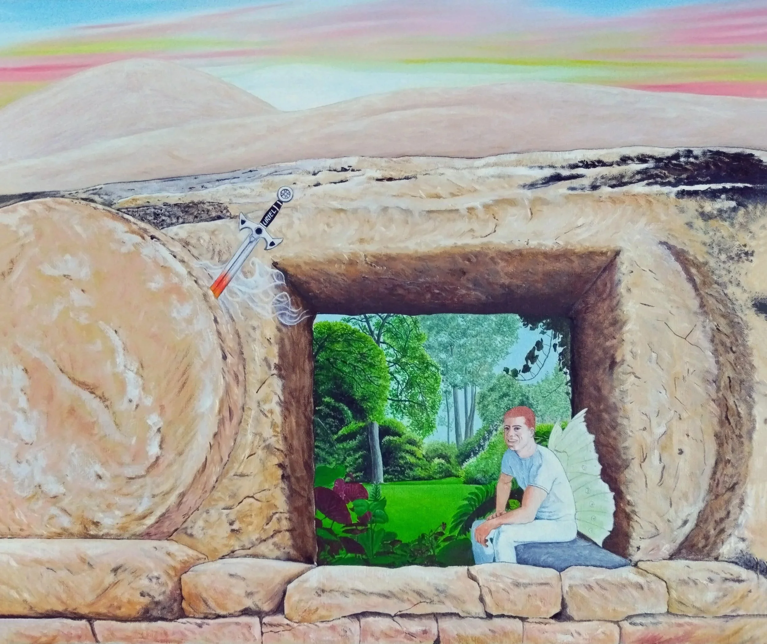 Zwaard opgeborgen,  maat 70 x 60 cm. , prijs € 1500
