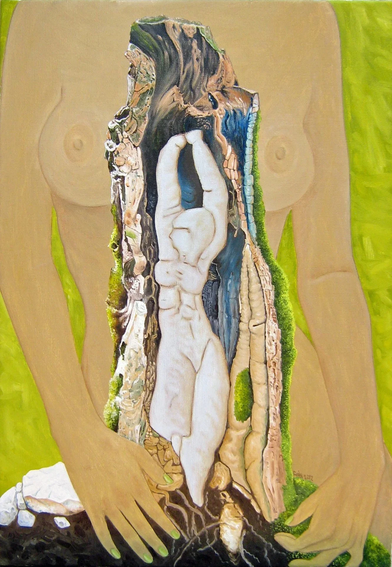 'Geboorte' van Eva, maat 40 x 60 cm, € 1250
Dit beeld gevormd door de natuur, heb ik - behalve de achtergrond - nageschilderd.