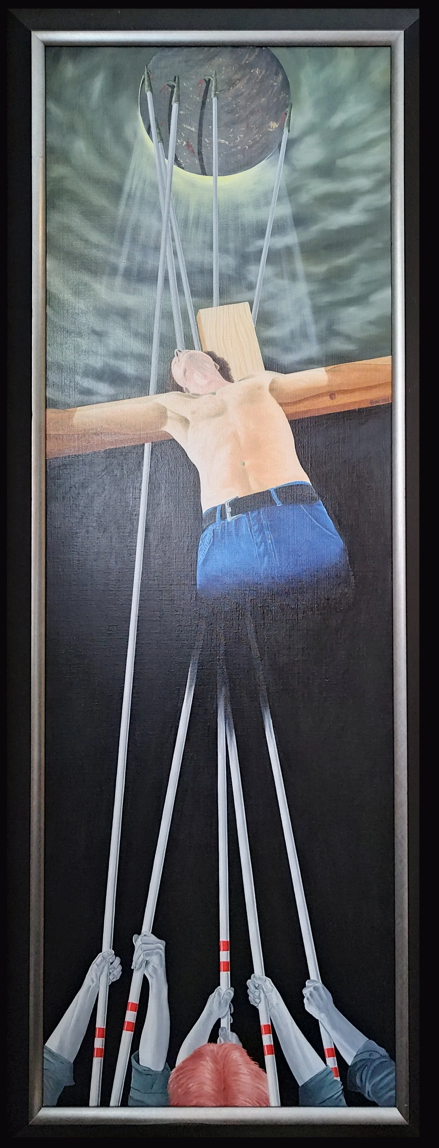 De mensheid klaagt en kruisigt zich zelf en houdt het heil met haken tegen.... Maat 170 x 55 cm - prijs: € 2150,-, ingelijst.