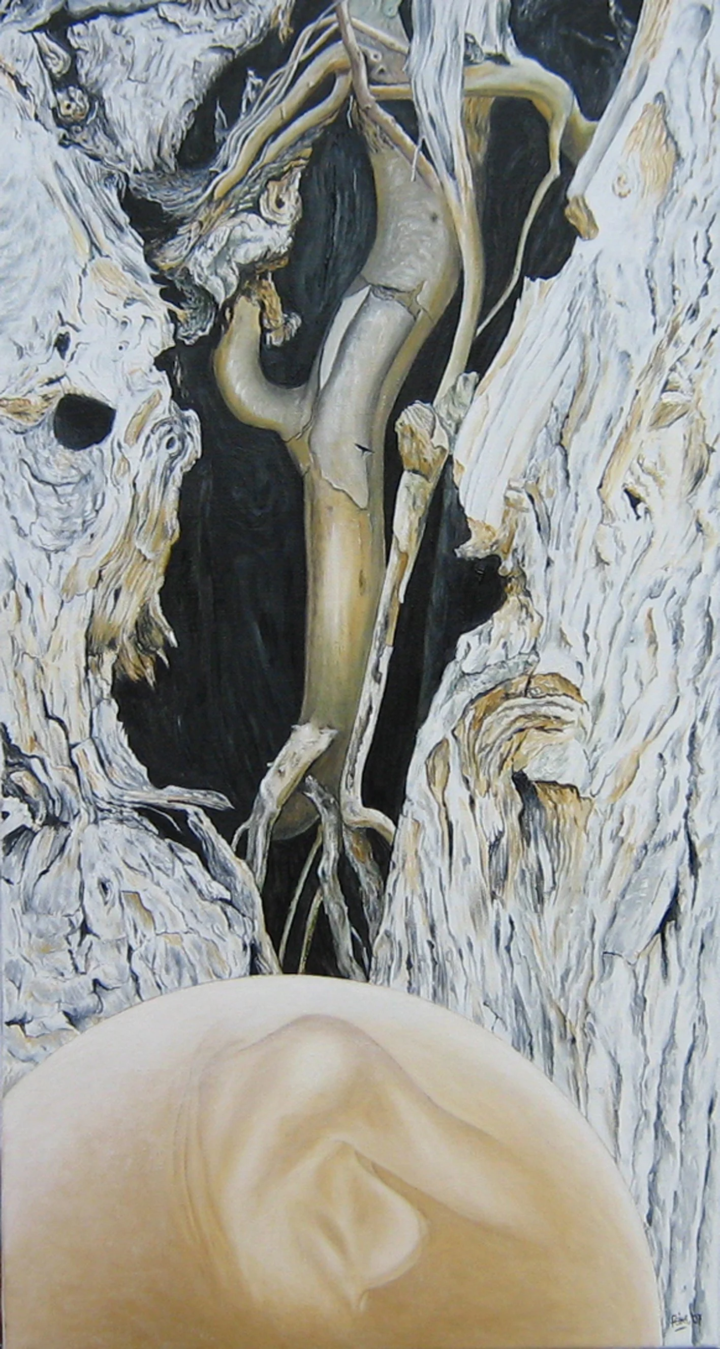 Zwangerschap, maat 75 x 40 cm - ingelijst, € 1000. Deze boom met daarin een boompje, is de inspiratie.
