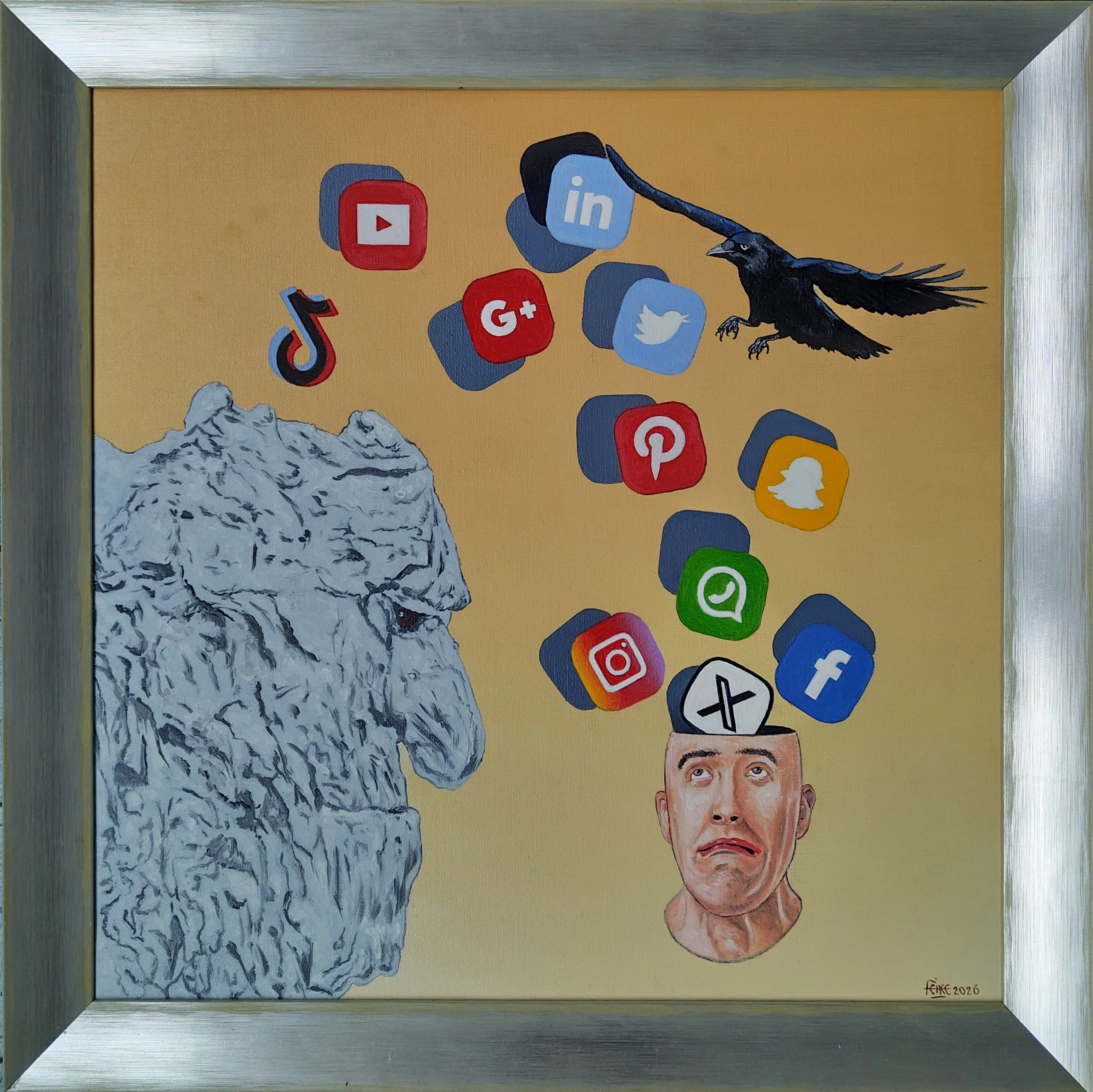 De heks van de Social Media, maat 50 x 50 cm - ingelijst. De rots aan de linker kant - gezien in de Oostenrijkse bergen - is de inspiratie.