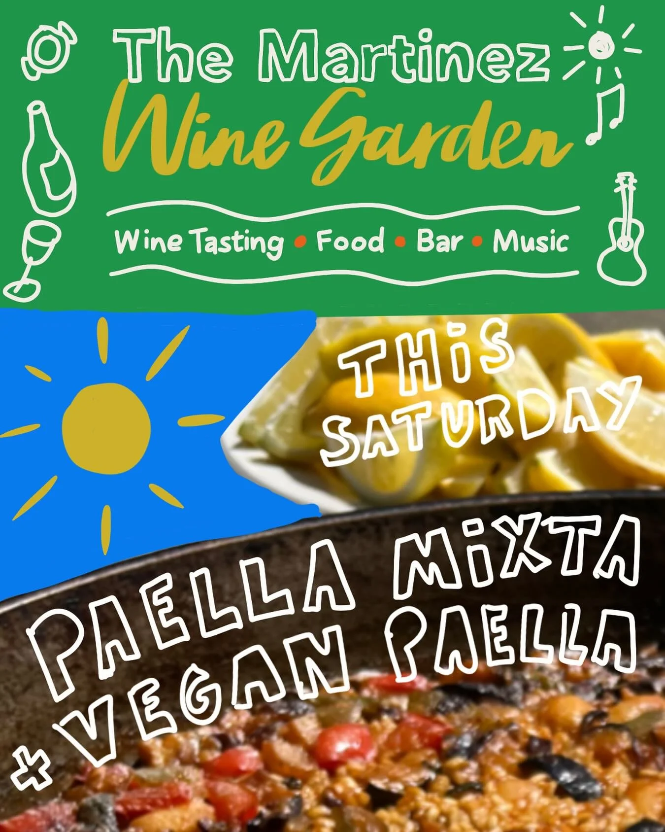 We are at the Martinez Wine Garden this Saturday 21st June on The Grove in Ilkley.

The plan is to serve paella at 3pm and 7pm but we may flex this a bit depending on demand. We&rsquo;ll have paella Mixta and vegan paella (eve only for ve).

The weat