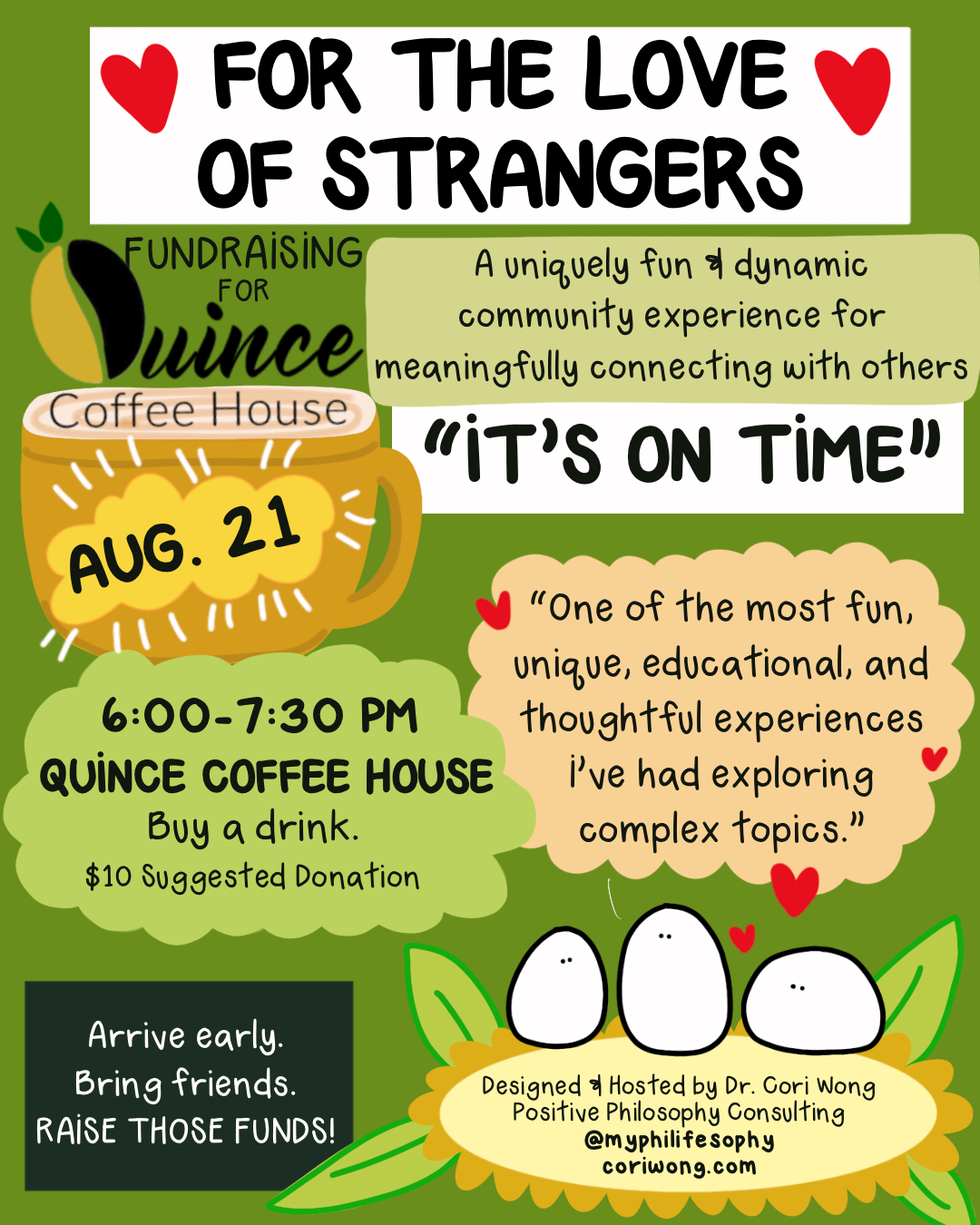 Flyer for For the Love of Strangers on August 21st, fundraising for quince coffee house in Denver
