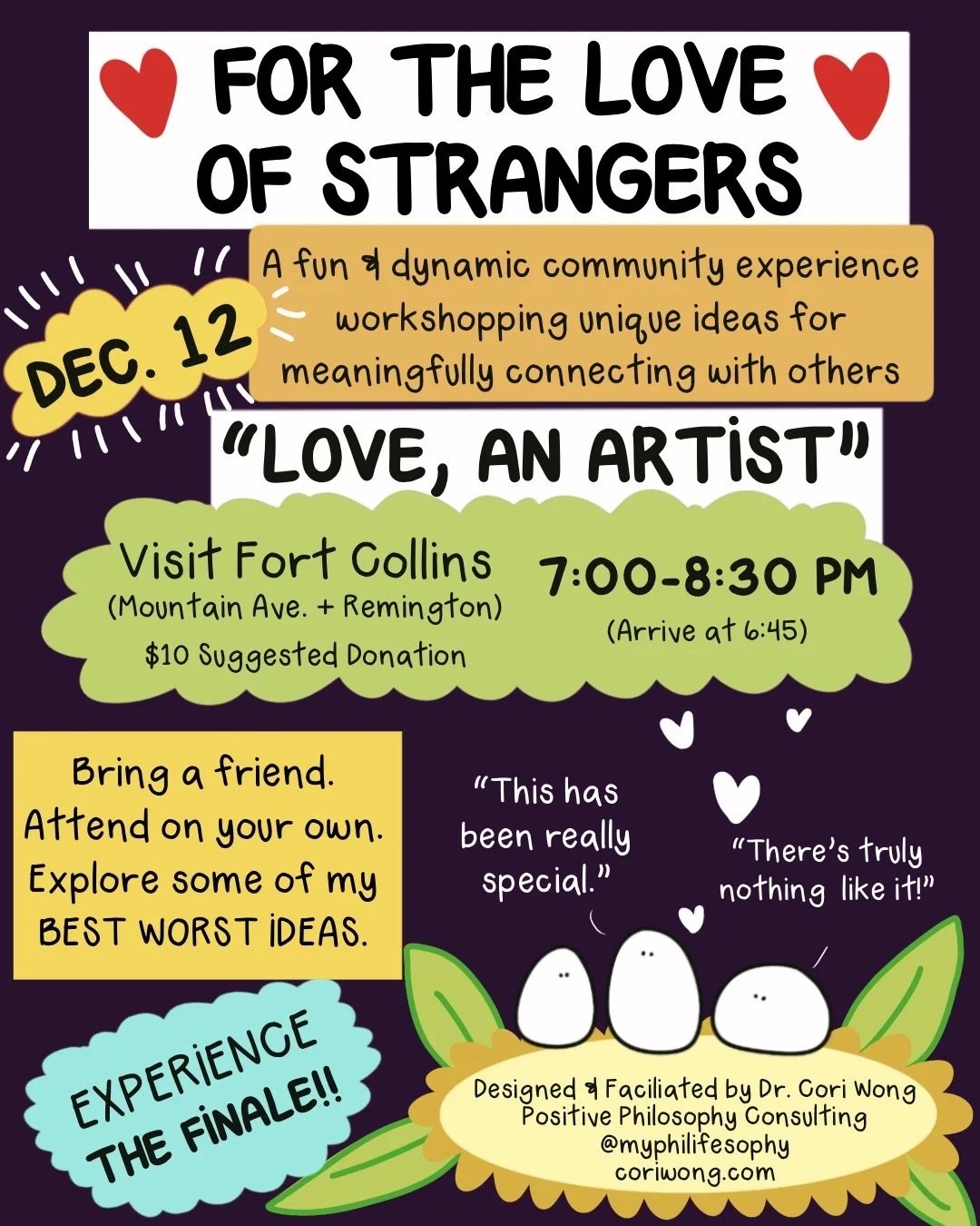 Flyer for a community event called 'For the Love of Strangers' featuring red hearts, with details about the event dates, location at Fort Collins Welcome Center, times, donation suggestion, and a quote about embracing uniqueness, with playful colorfu