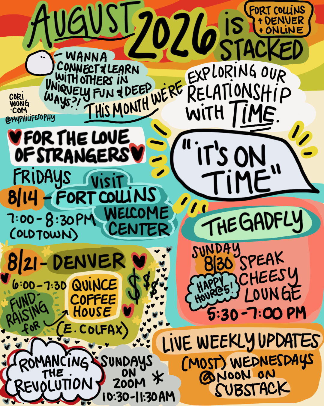 extremely colorful poster with dates for August events