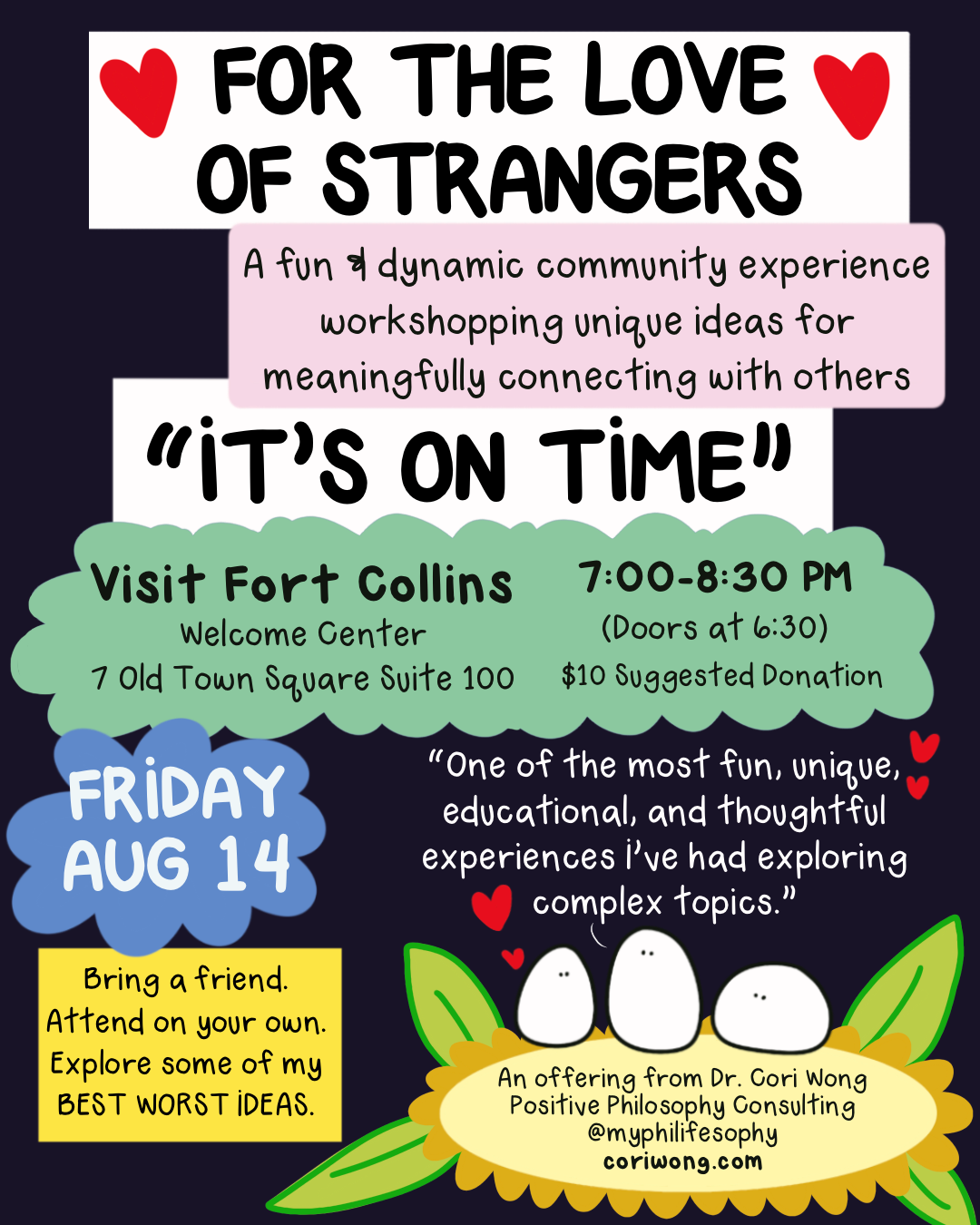 flyer for for the love of strangers in fort collins on August 14
