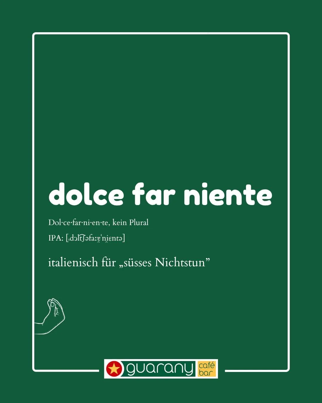 ☀️ dolce far niente ☕
Das s&uuml;&szlig;e Nichtstun &ndash; ein Lebensgef&uuml;hl, das wir viel zu oft vergessen.
Einfach mal sitzen, geniessen, tr&auml;umen. Ohne Plan, ohne Eile.

Bei uns im guarany caf&eacute; bar ist genau das erlaubt &ndash; nei