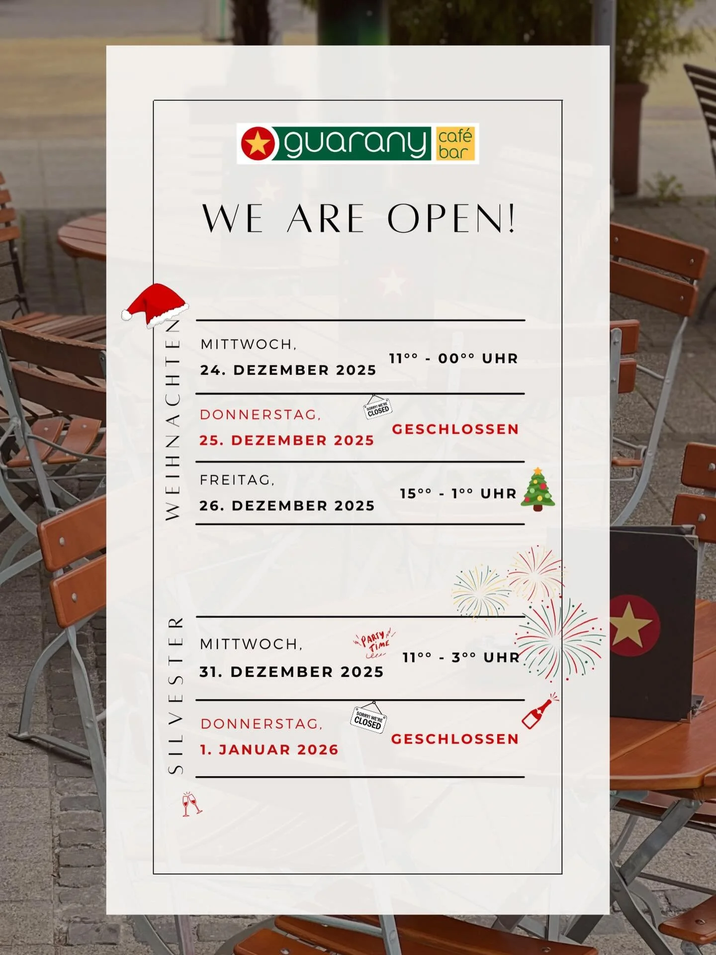 Ho ho ho 🎄
Zwischen Pl&auml;tzchen, Gl&uuml;hwein &amp; guten Vibes sind wir f&uuml;r euch da ✨

(Aussee an den 2 Feiertagen, an denen auch wir mal die F&uuml;sse hochlegen oder aufr&auml;umen 😉)

📅 Alle Zeiten im &Uuml;berblick im Post
Bis ganz b