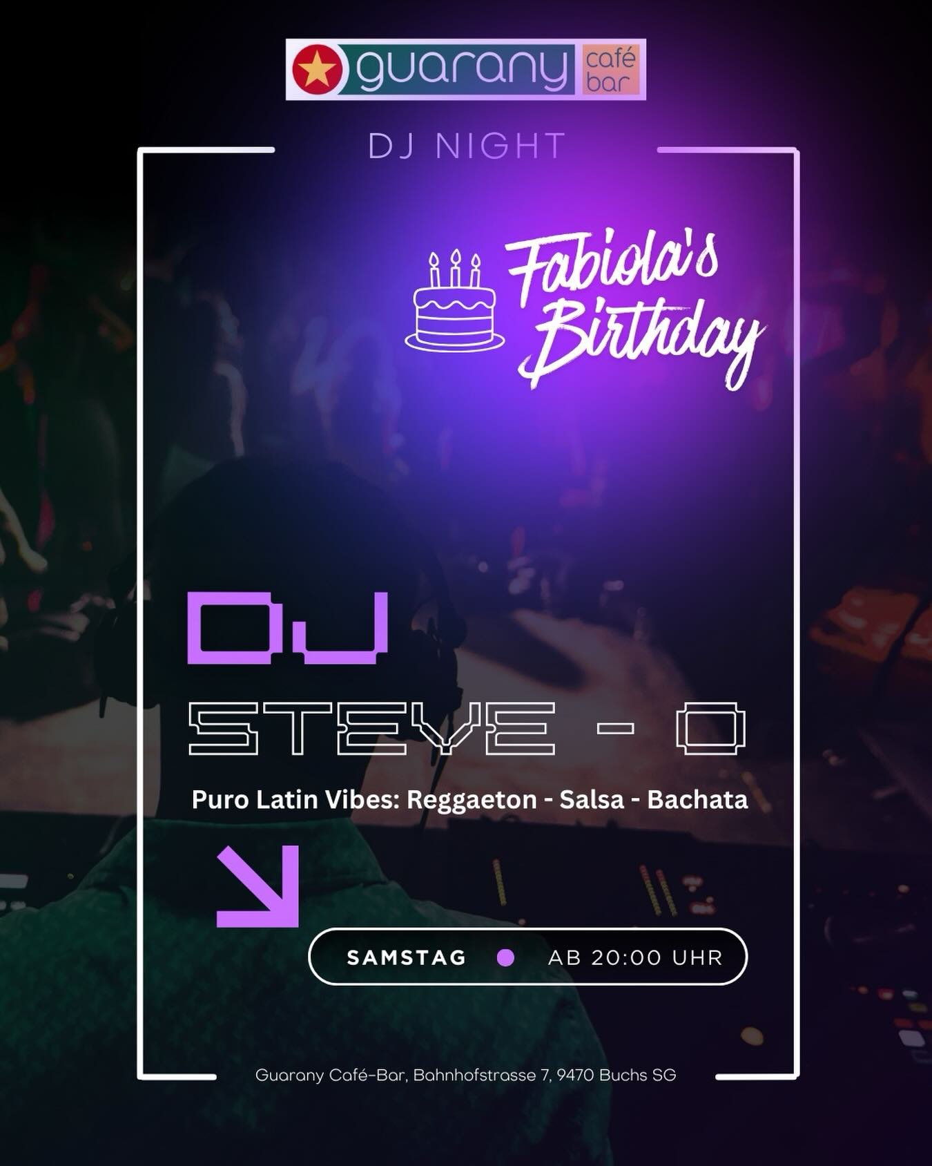 DJ Night im Guarany💃🕺
🔥 DJ Steve-O
🎶 Reggaeton &bull; Salsa &bull; Bachata
🗓 Samstag | ⏰ ab 20:00 Uhr
📍 Buchs SG

🎉🎂 Fabiola&rsquo;s 40 Birthday Party 🎂🎉

Kommt vorbei, feiert mit uns &amp; bringt die Tanzfl&auml;che zum Beben 💜

#FabiosBi