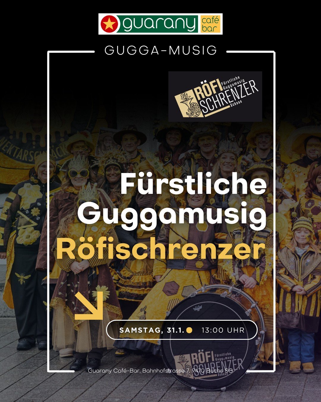 🎺👑 F&uuml;rstliche Guggenmusik im Guarany! 👑🎺

Die R&ouml;fischrenzer bringen das Guarany zum Beben &ndash; laut, energiegeladen und einfach legend&auml;r! 🥳🔥
Wenn Gugga-Sound durch die Bahnhofstrasse zieht, gibt&rsquo;s kein Stillstehen mehr.
