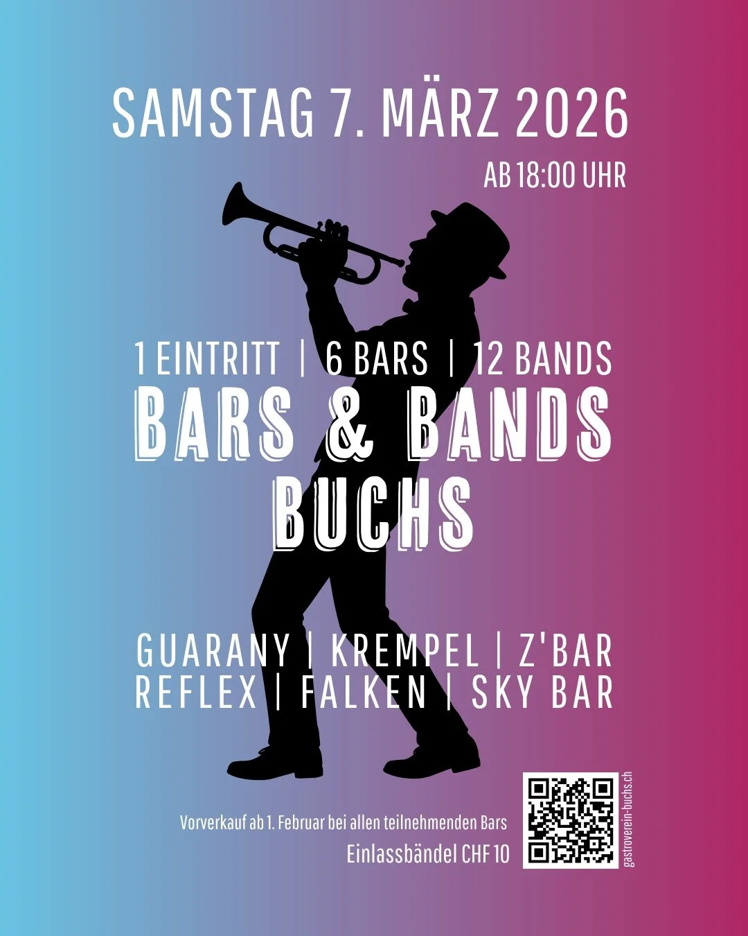 🎺 BARS &amp; BANDS BUCHS 🎸
Am Samstag, 7. M&auml;rz 2026 wird Buchs zur Musikmeile!
Ab 18:00 Uhr erwarten euch 12 Bands in 6 Bars &ndash; ein Eintritt, viele Konzerte und beste Stimmung.

Bei uns spielen die beiden LIVE: 

🎸 Walter Schweizer
🕢 19