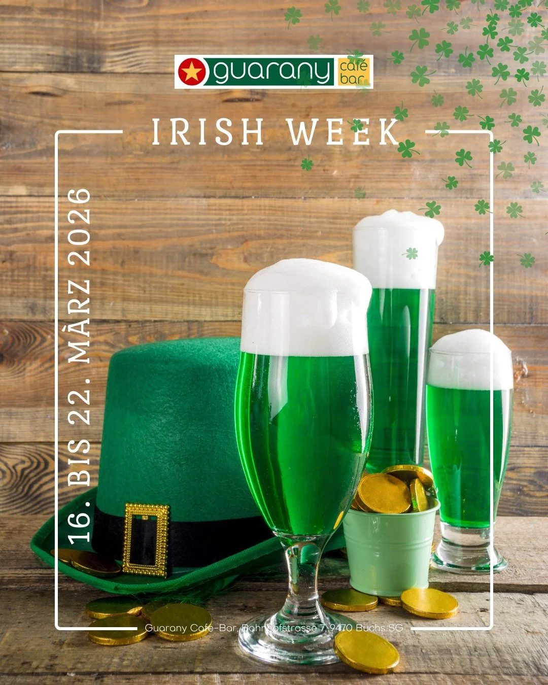 🍀 St. Patrick&rsquo;s Week bei uns! 🍻

Vom 16. bis 22. M&auml;rz feiern wir eine ganze Woche lang irisches Flair &ndash; mit Specials, guter Musik und nat&uuml;rlich viel Gr&uuml;n!

🍺 Getr&auml;nke-Specials:
&bull; Guinness Beer
&bull; Jameson Wh