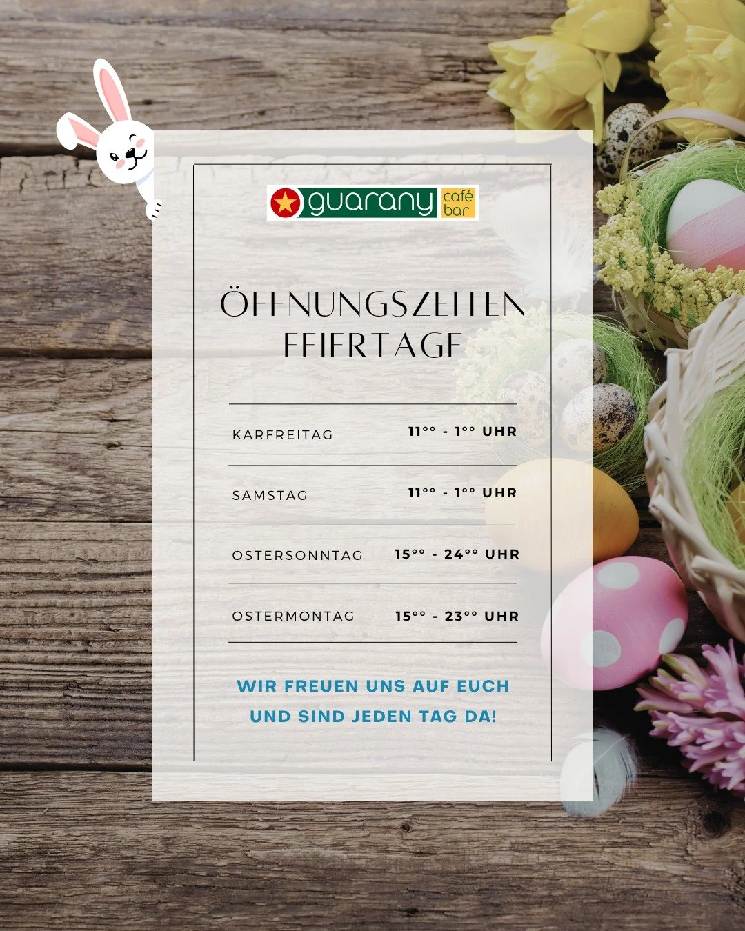 🐰🌸 Unsere Oster-&Ouml;ffnungszeiten 🌸🐰

Damit ihr auch an den Feiertagen nicht auf euren Lieblingskaffee verzichten m&uuml;sst ☕💛, sind wir wie folgt f&uuml;r euch da:

✨ Karfreitag &amp; Samstag: 11:00 &ndash; 01:00 Uhr
✨ Ostersonntag: 15:00 &n
