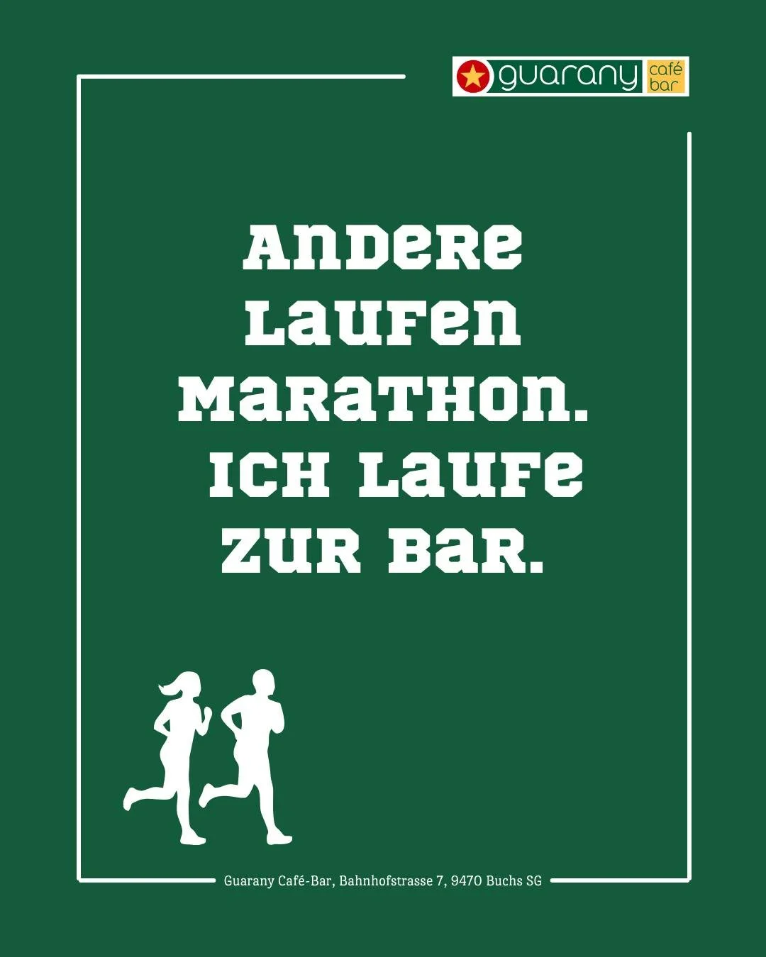 Andere laufen Marathon.
Ich laufe zur Bar. 😄

Manchmal ist das Ziel nicht die Ziellinie &ndash;
sondern ein guter Kaffee, ein Drink und ein Moment zum Durchatmen.

Komm vorbei und g&ouml;nn dir deine wohlverdiente Pause bei uns. ☕🍹

📍 Guarany Caf&