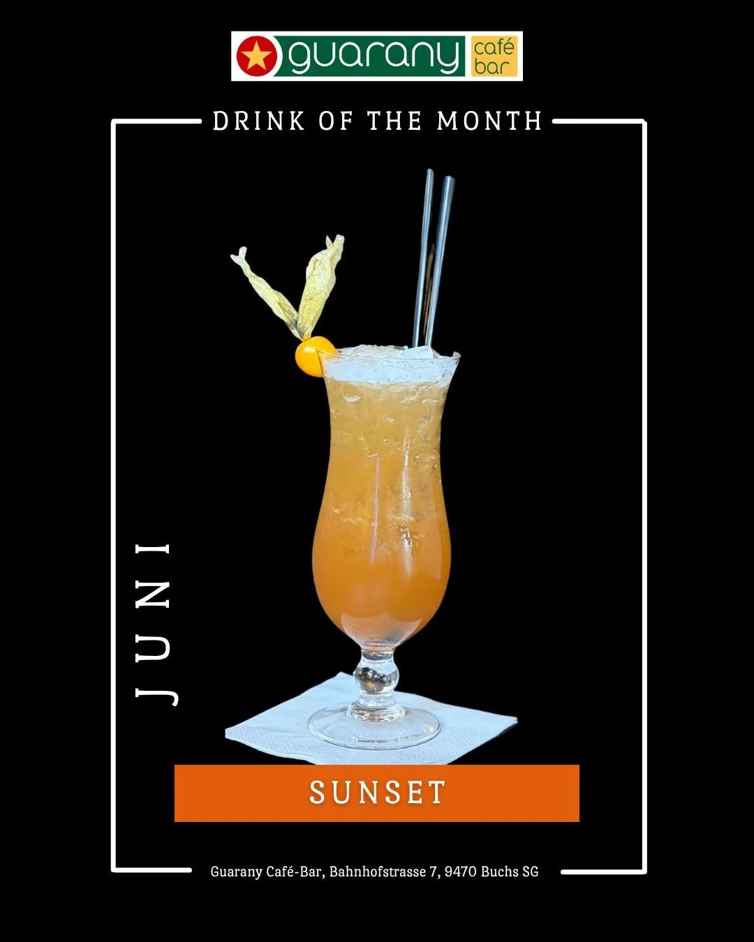 🌅 DRINK OF THE MONTH &ndash; SUNSET 🍹

Lass den Tag mit unserem neuen Cocktail SUNSET ausklingen! ✨
Fruchtig, erfrischend und mit sommerlichen Vibes in jedem Schluck &ndash; der perfekte Begleiter f&uuml;r warme Abende und gute Gespr&auml;che.

🍊 