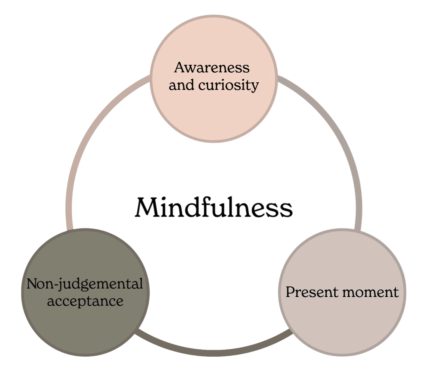 A circular diagram showing four stages: Awareness in green, Present Moment in blue, Acceptance in red, and Mindfulness in yellow at the center, connected by arrows forming a continuous cycle.