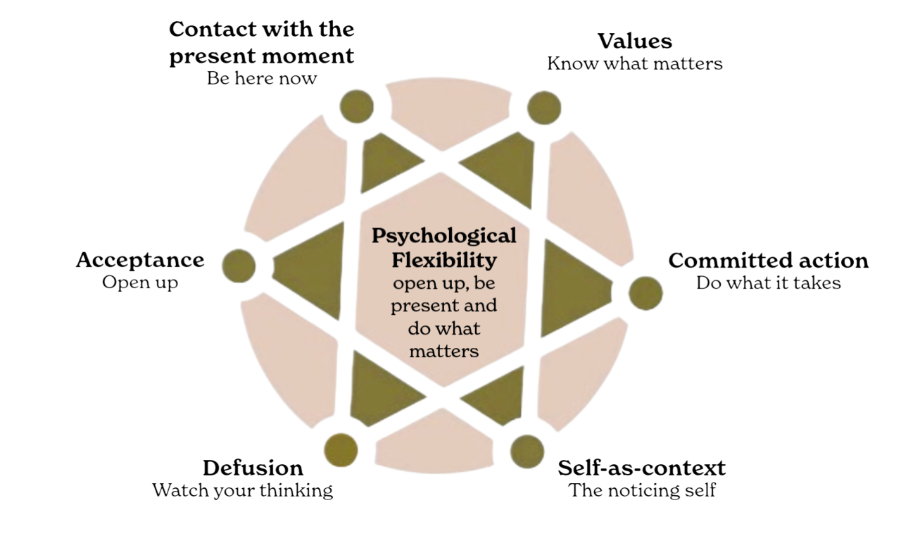 A circular diagram with seven segments, each representing a concept: 'Being Present', 'Values', 'Commitment', 'Self as Context', 'Defusion', and 'Acceptance'. Each segment contains a brief description related to mindfulness and personal growth.