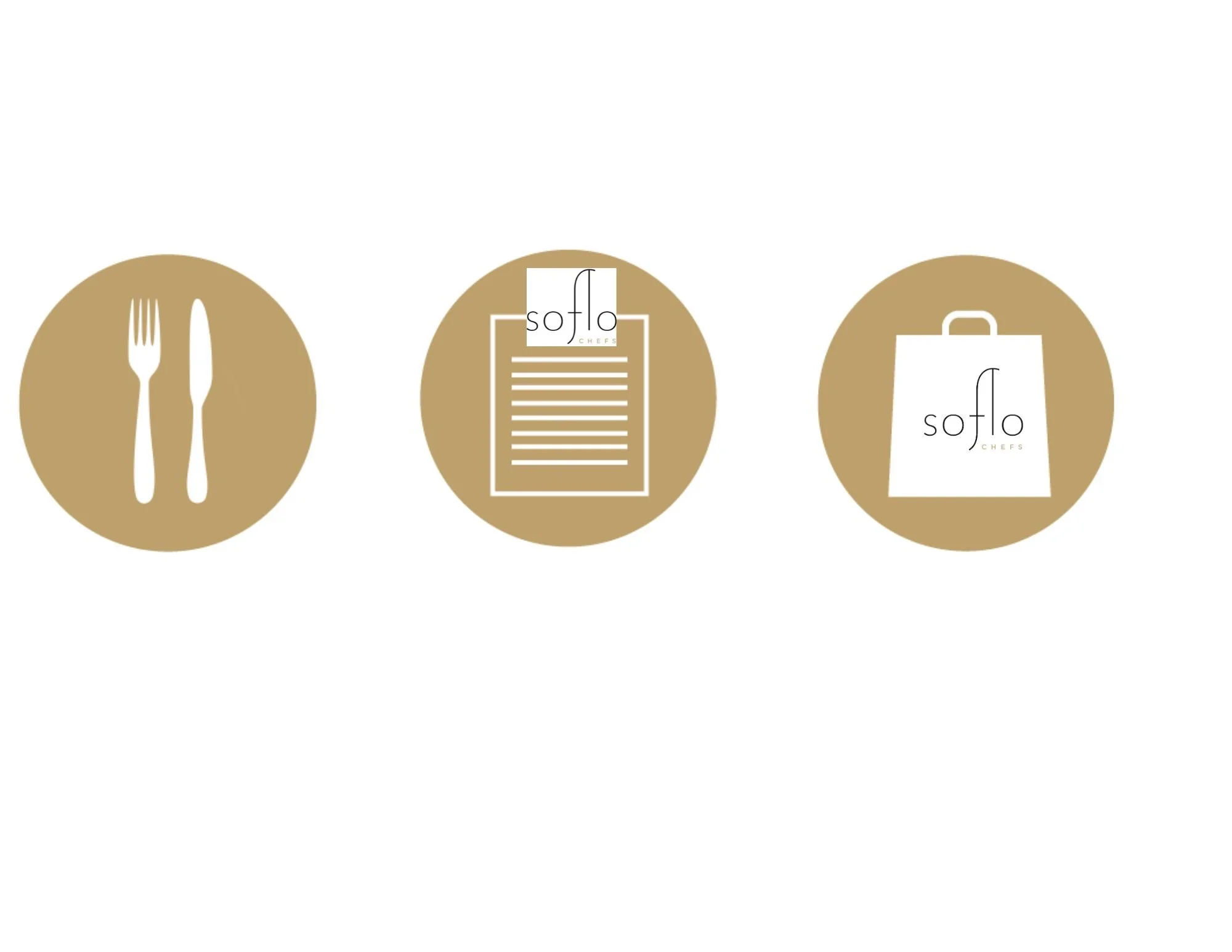 Icons: a fork and knife, a food menu with 'Soflo Chefs' text, and a shopping bag with 'Soflo Chefs' logo, all on beige circles.