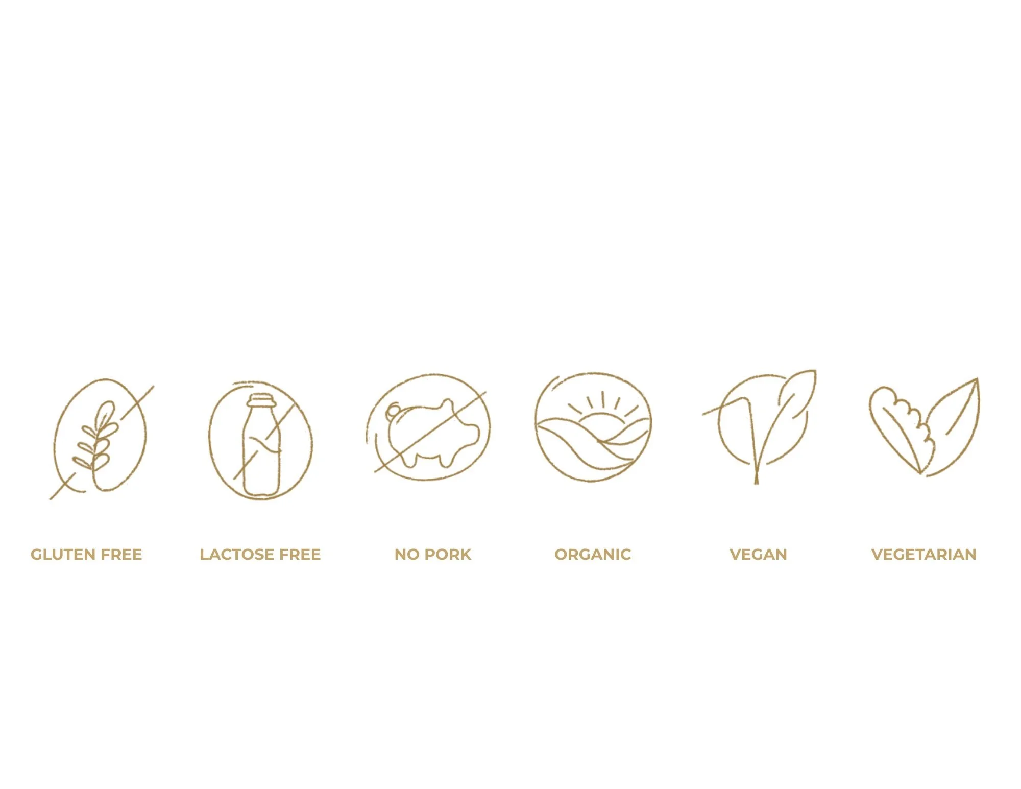 Line art icons with labels indicating food is gluten free, lactose free, no pork, organic, vegan, and vegetarian.