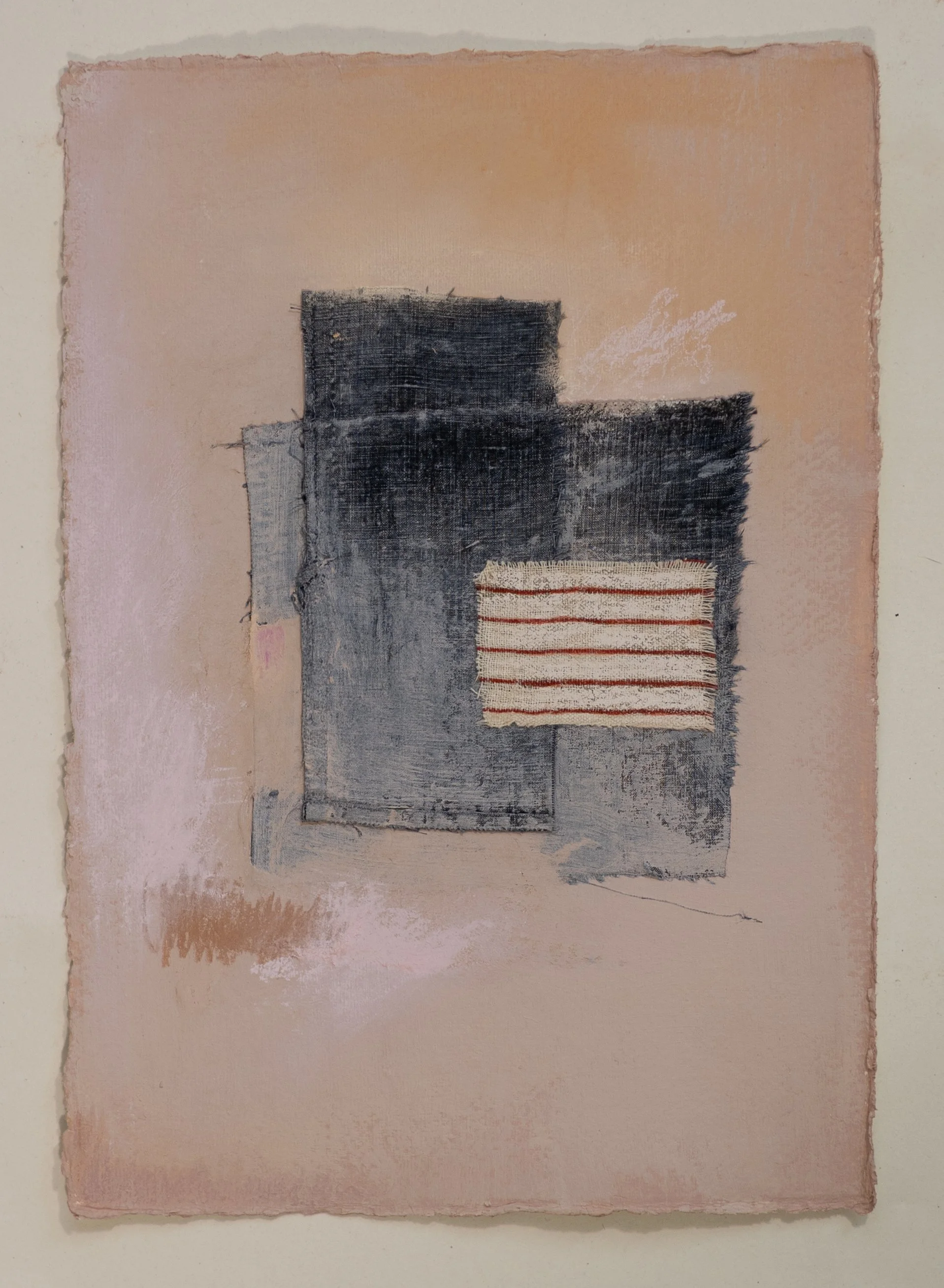 From the series ‘Broken Sleep’ 2025 | 21cm x 30cm | Textile, acrylic, coloured pencil, pastel on khadi paper