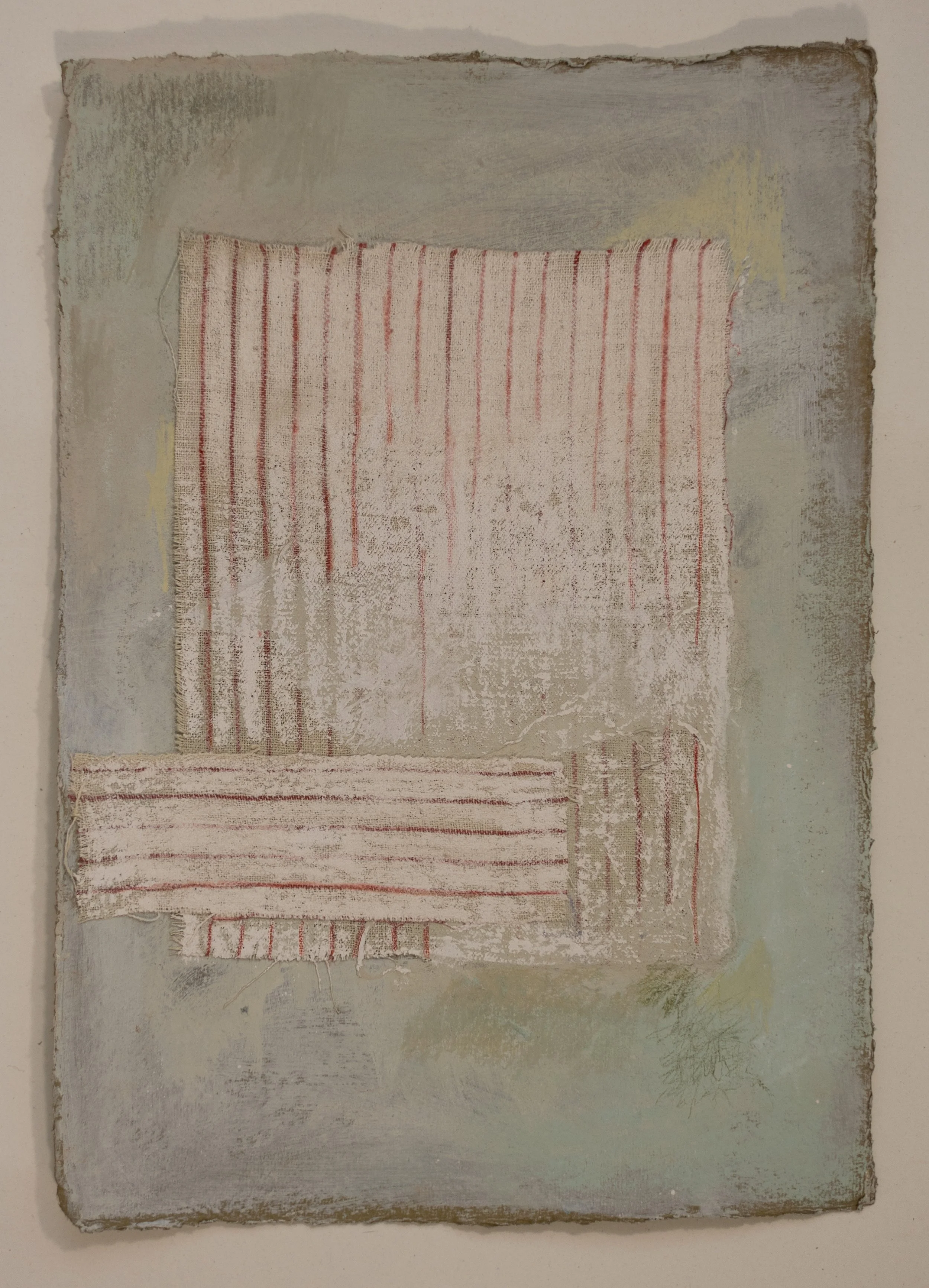From the series ‘Broken Sleep’ 2025 | 21cm x 30cm | Textile, acrylic, coloured pencil, pastel on khadi paper