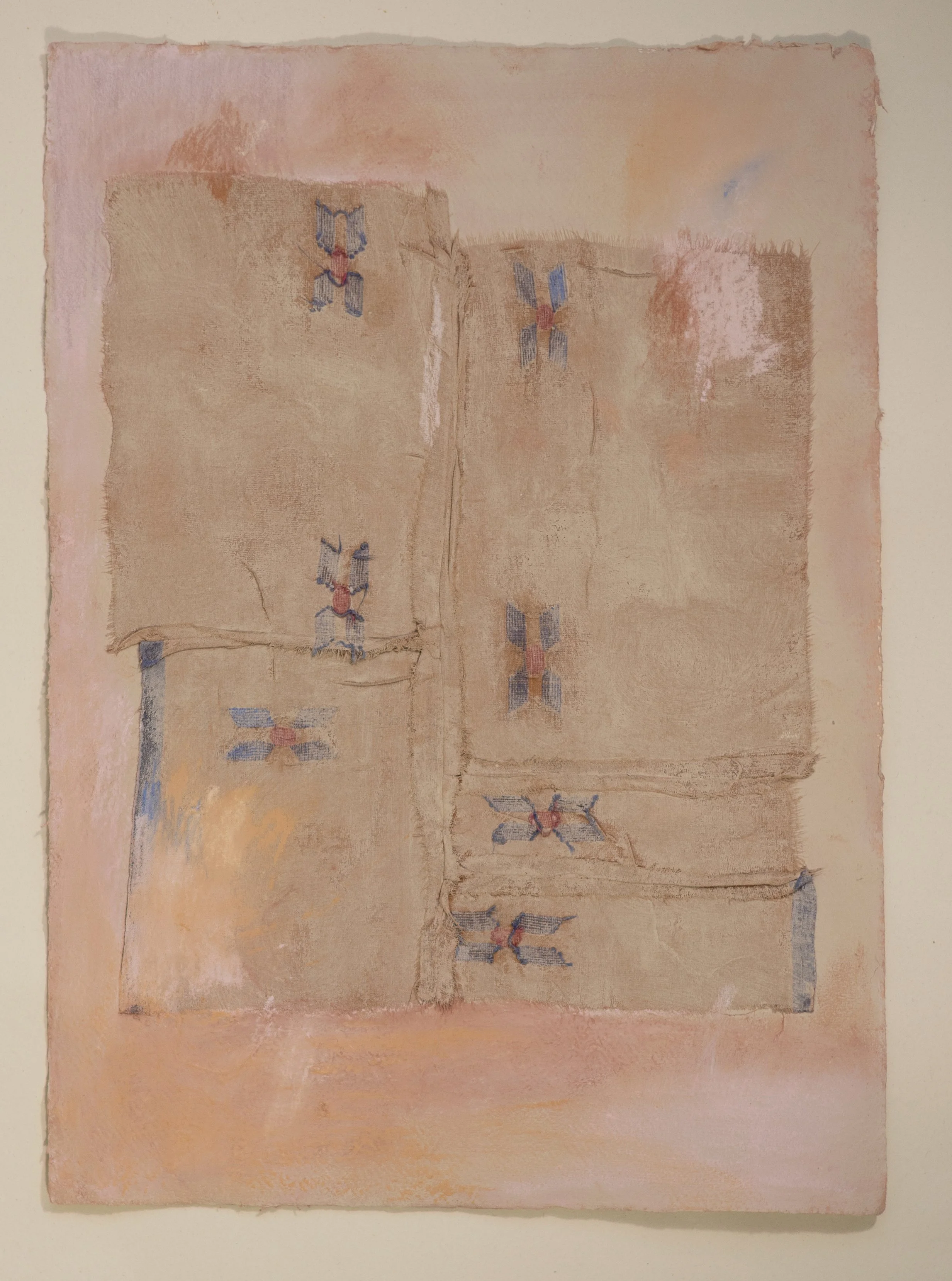 From the series ‘Broken Sleep’ 2025 | 30cm x 42cm | Textile, acrylic, coloured pencil, pastel on khadi paper