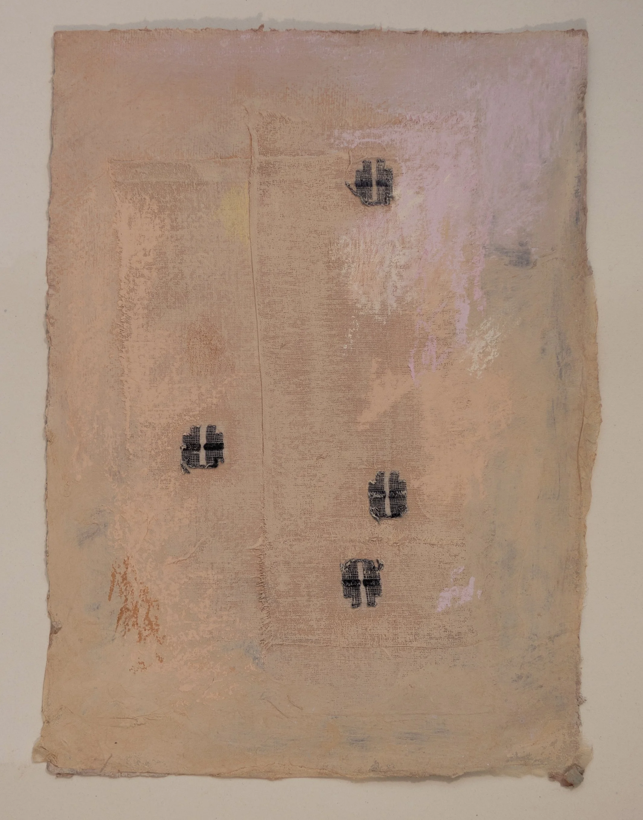 From the series ‘Broken Sleep’ 2025 | 21cm x 30cm | Textile, acrylic, coloured pencil, pastel on khadi paper