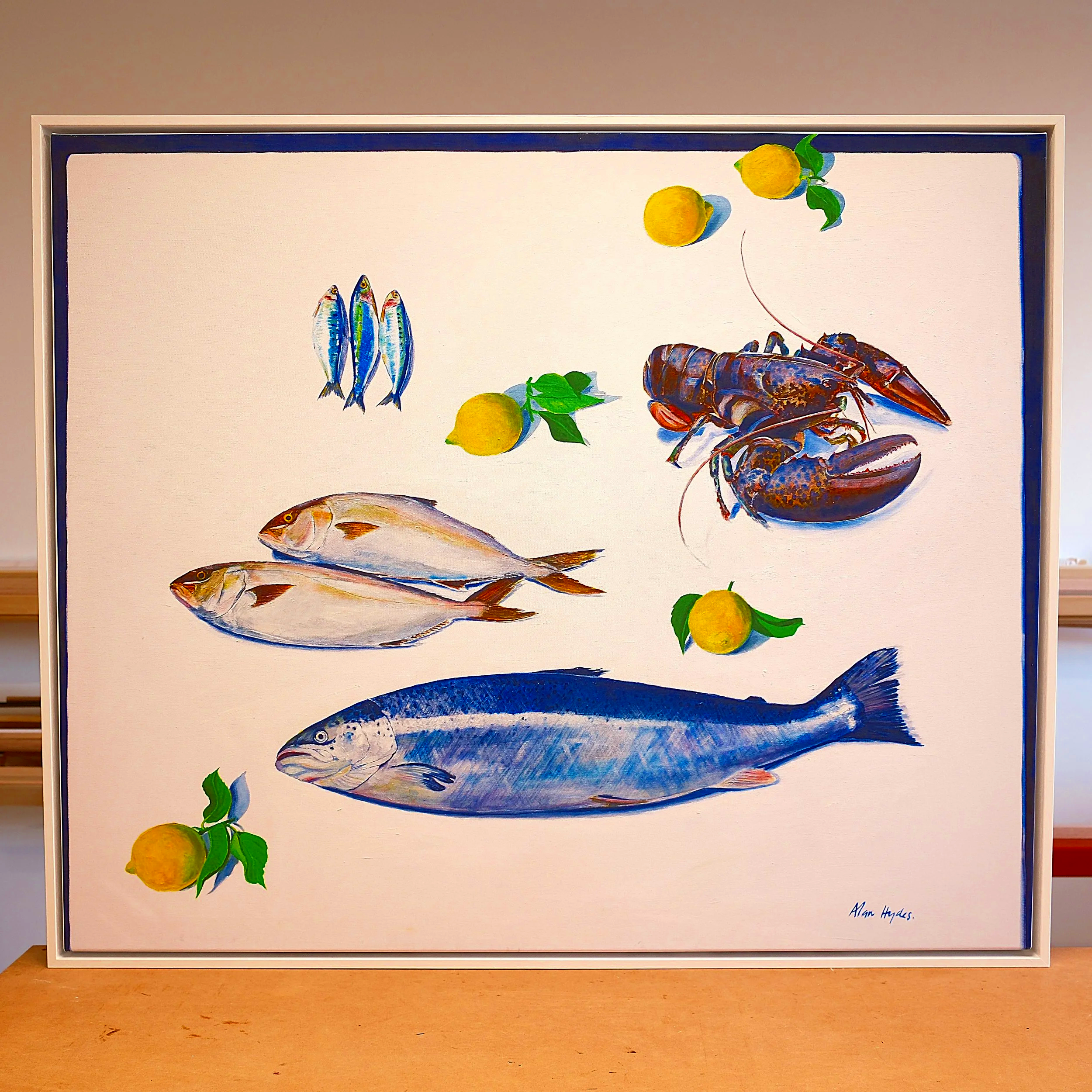 Painting of various fish, lobsters, lemons with leaves, and a trio of small fish, on a plain background.