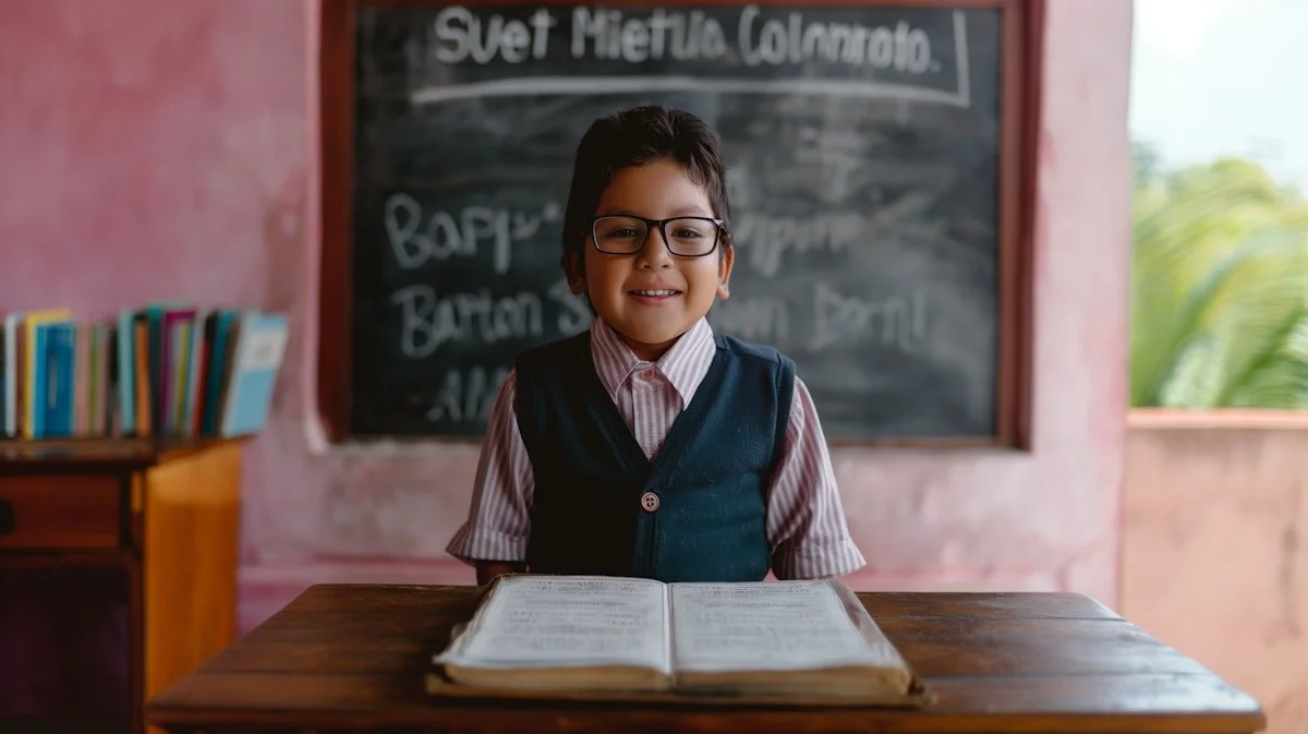 Young student smiling at a desk with an open book in front of a chalkboard in a bright classroom, representing EmpowerED Consulting Group’s commitment to fostering confident learners and supportive school environments.