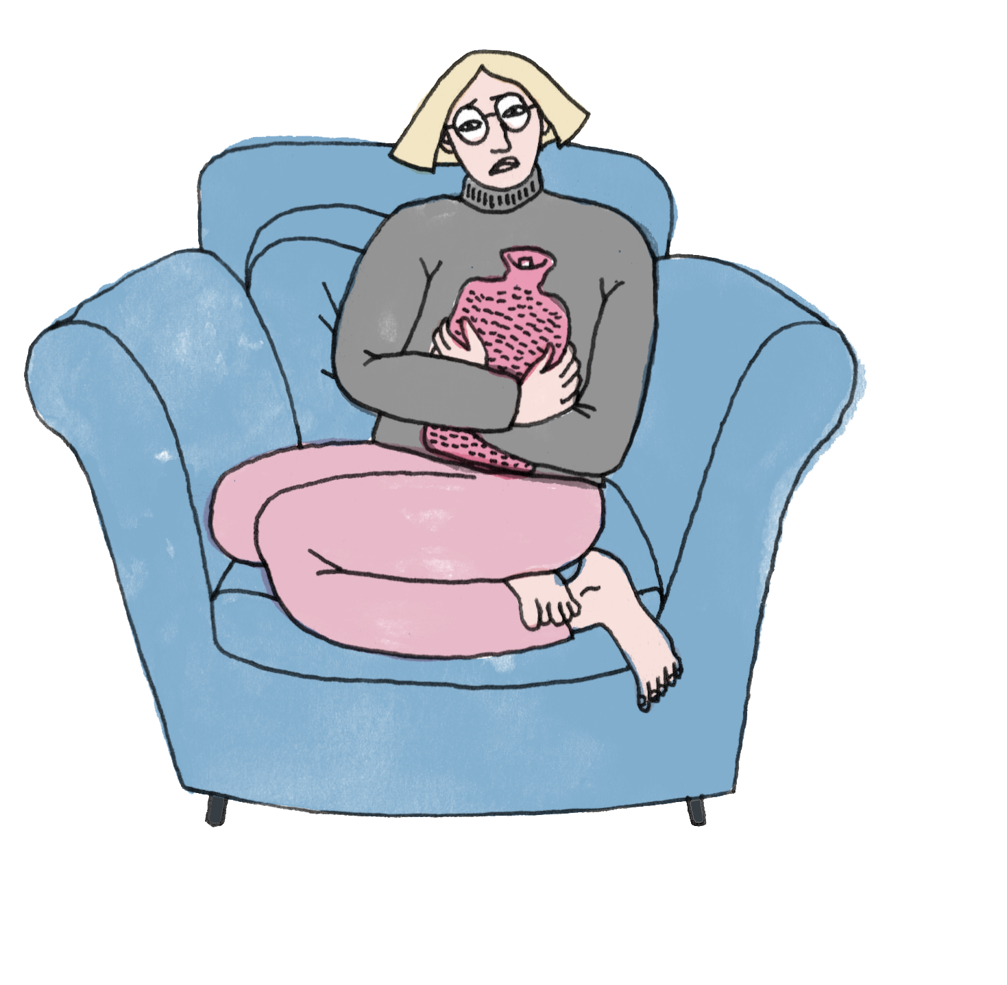A woman with glasses and blonde hair sitting on a blue armchair, hugging a large pink pitcher while looking distressed.
