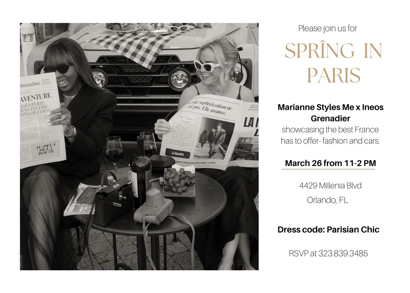 Mark your calendar, ma ch&eacute;rie💫

Marianne Styles Me x INEOS Grenadier

An exclusive showcase celebrating the very best France has to offer &mdash; impeccable fashion and iconic automotive design.

March 26
11:00 AM &ndash; 2:00 PM

4429 Millen
