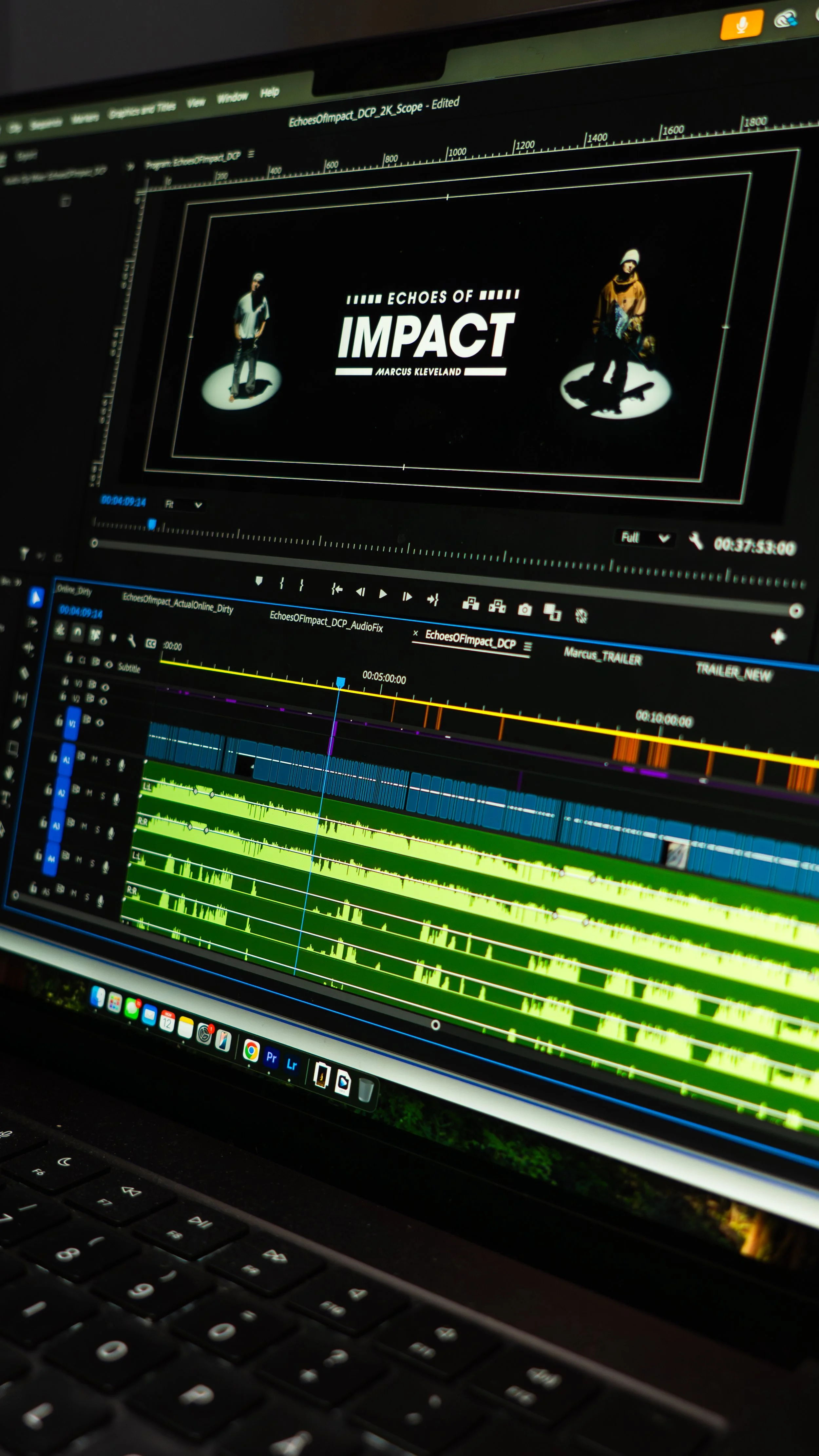 Photo of a computer screen displaying video editing software with a dark interface, showing a project titled 'Echoes of Impact' including timelines, audio, and video tracks.