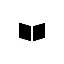 A black and white icon resembling an open book or magazine.