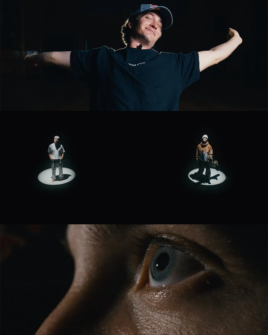 A collage of three images: The top shows a young man with eyes closed, smiling and stretching his arms, wearing a cap and black t-shirt in a dark setting; the middle features two individuals standing on spotlighted circles, one in casual clothing with hands in pockets, the other in a jacket and holding a skateboard, also in darkness with spotlights; the bottom is a close-up of a person's eye, blue in color, with detailed eyelashes and skin texture visible.