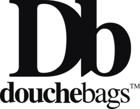 Black background with a large letter 'D' and a smaller letter 'b'; the word 'douchebags' is written below in lowercase.
