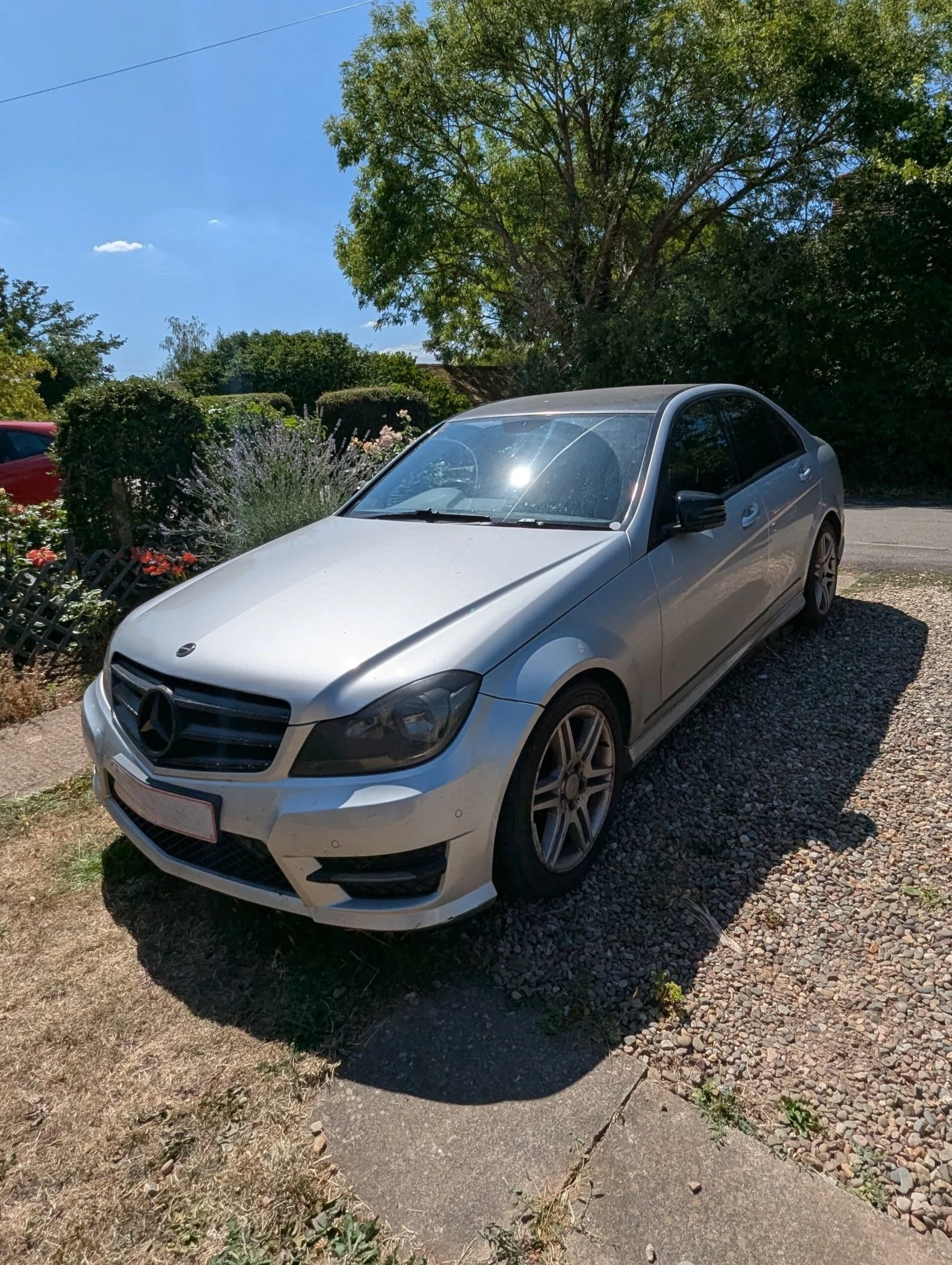 Silver Mercedes-Benz sedan parked on a gravel driveway near a garden with bushes and trees on a sunny day.