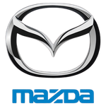 Mazda logo with black, silver, and red accents and the word 'Mazda' in blue