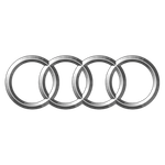Close-up of five silver Audi rings logo on a black background