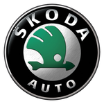 Skoda Auto logo with black background, green and white emblem featuring a winged arrow