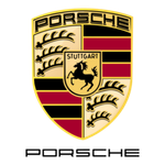 Porsche emblem with black, red, and gold colors and a black horse in the center.
