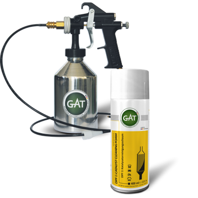 A GAT DPF cleaning gun connected to a spray canister for cleaning DPF filter.