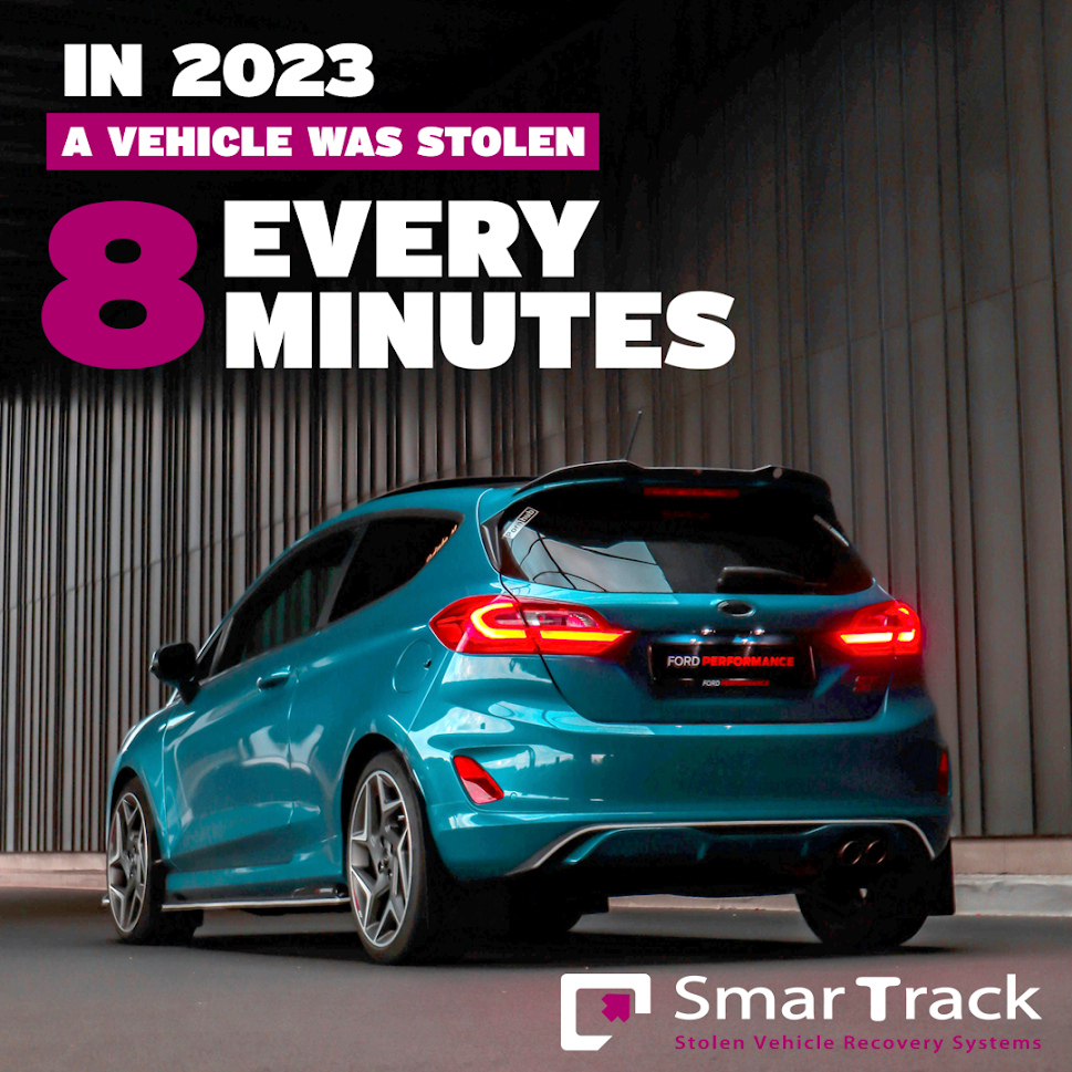 A teal Ford hatchback parked against a dark, metallic wall. Text overlay reads, "In 2023, a vehicle was stolen every 8 minutes" along with the SmarTrack logo and tagline, "Stolen Vehicle Recovery Systems."