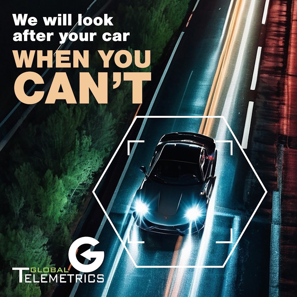 Black car driving on a wet road at night, with headlights on and trees on the side. Text overlay reads, "We will look after your car WHEN YOU CAN’T." The logo of Global Telematics is in the lower left corner.