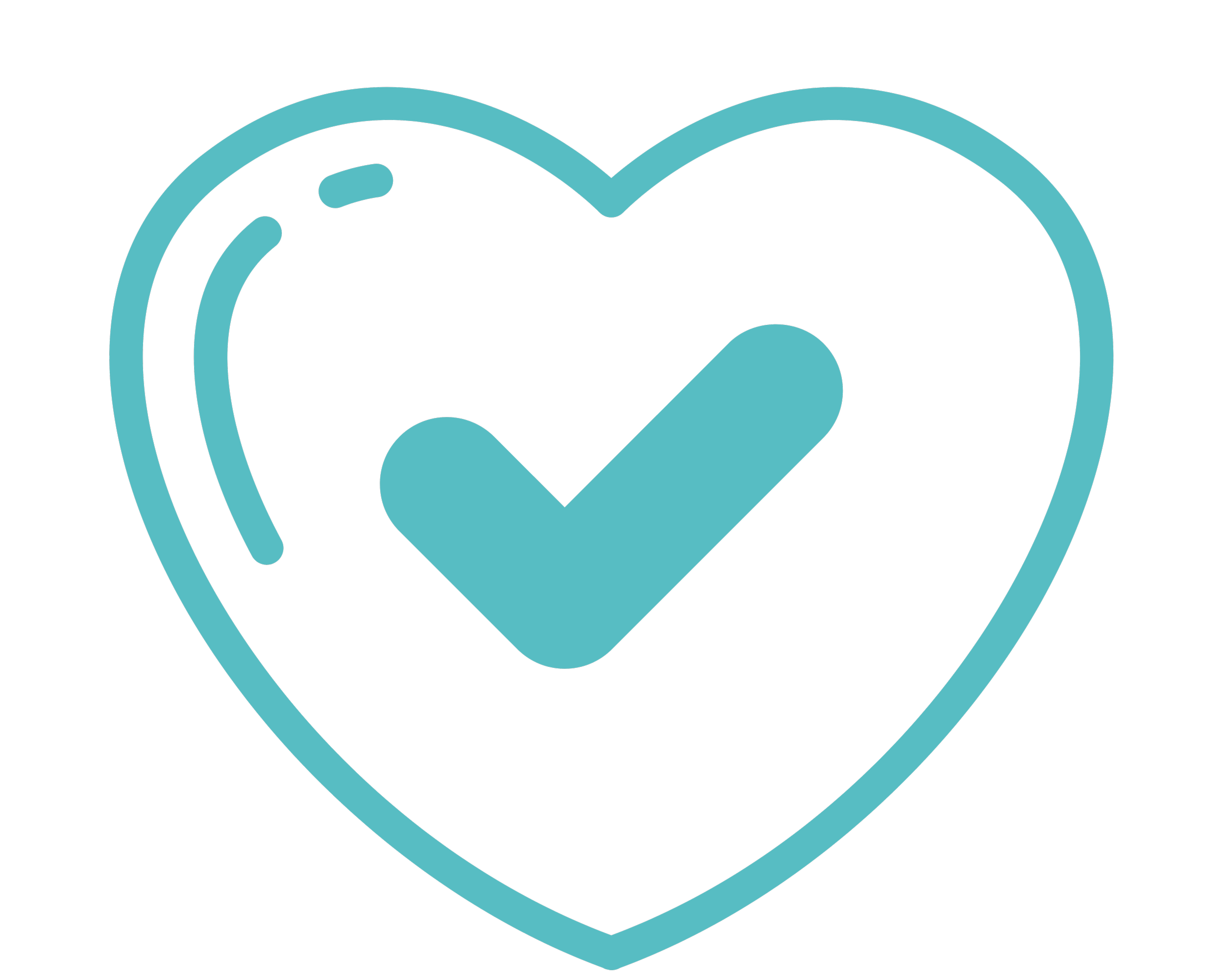 Outline of a heart with a checkmark inside, in teal color.