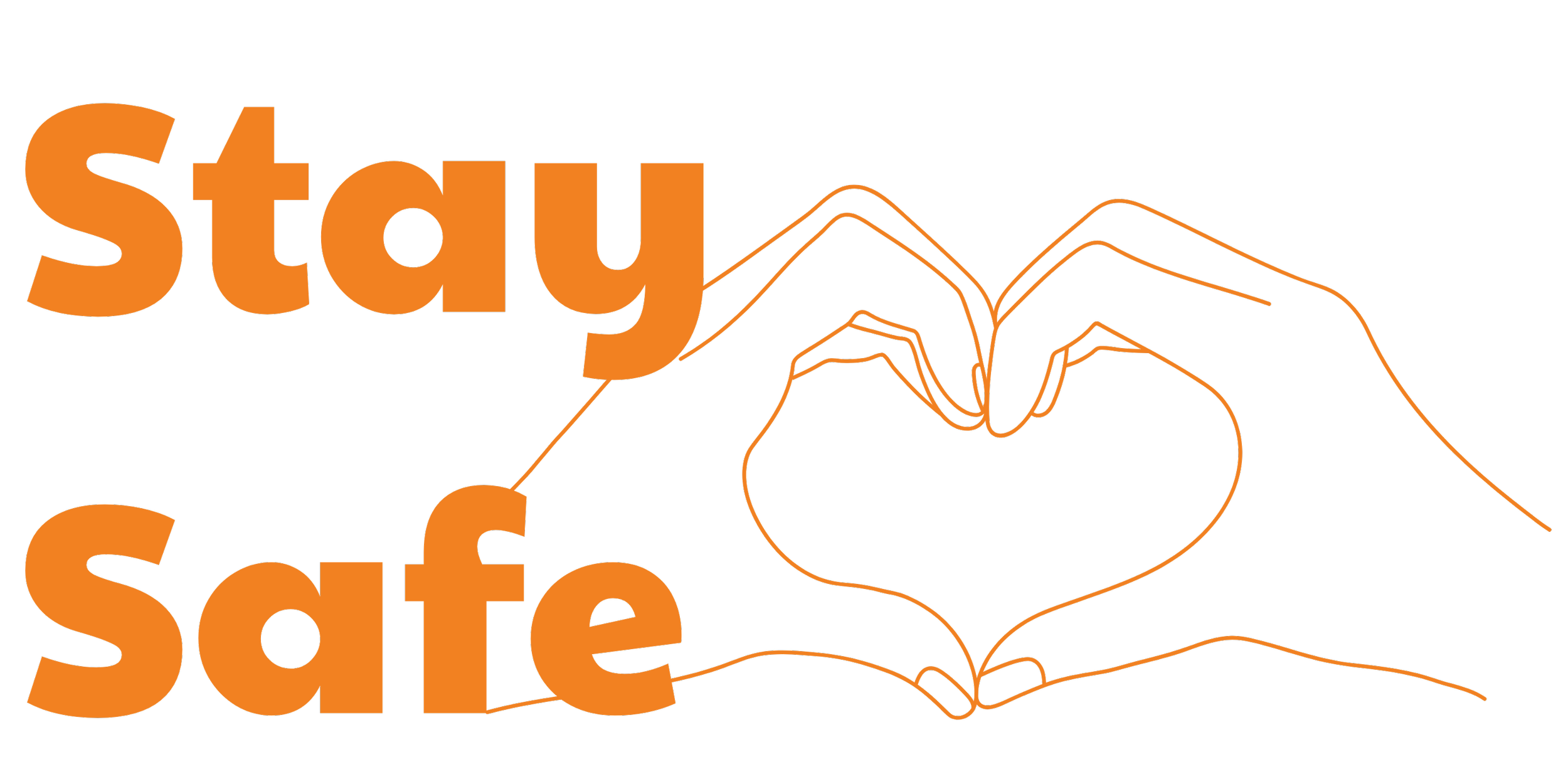 Illustration of two hands forming a heart shape with orange outline, accompanied by the text "Stay Safe" in large orange letters.