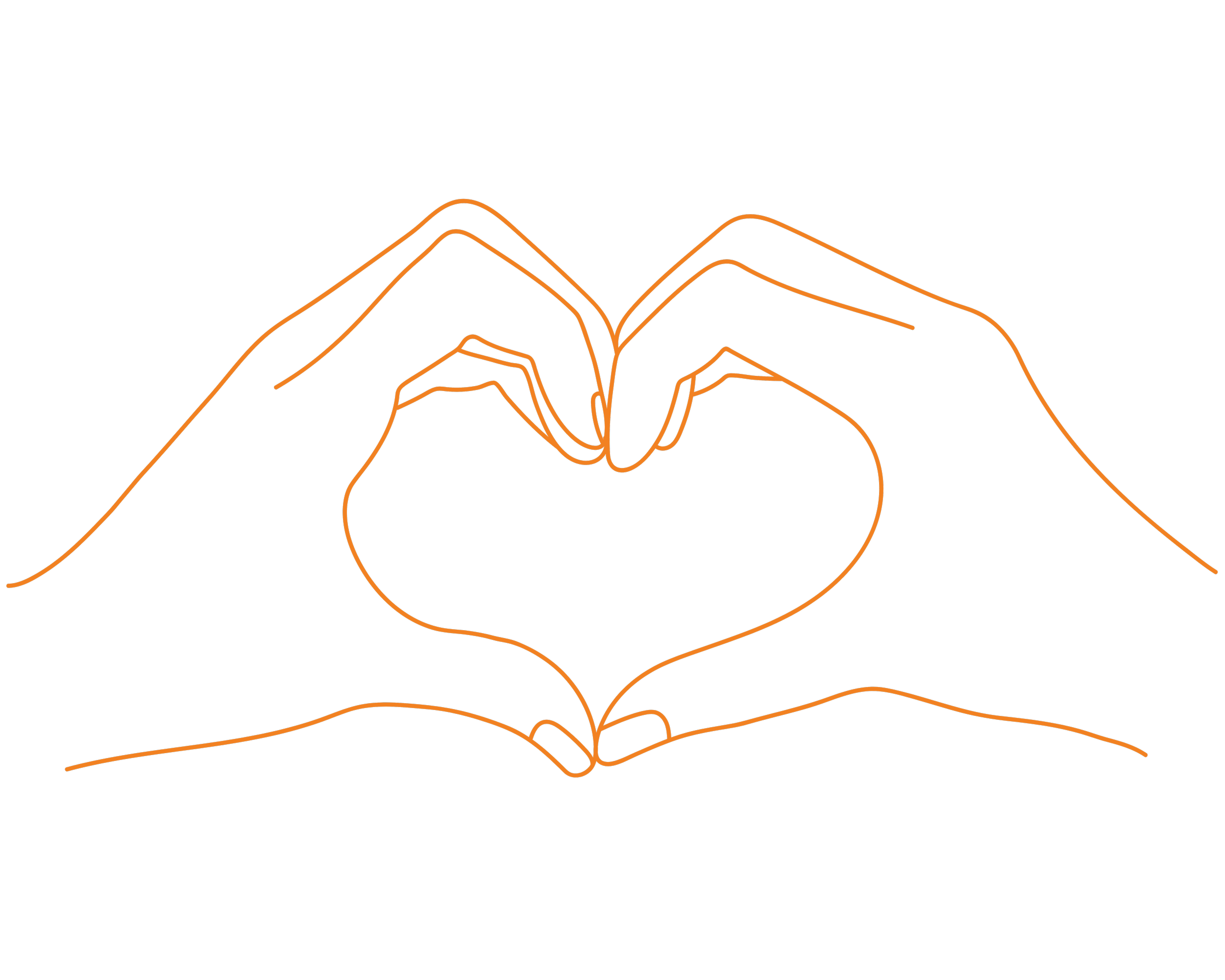 Outline of two hands forming a heart shape with digital line art style on black background.