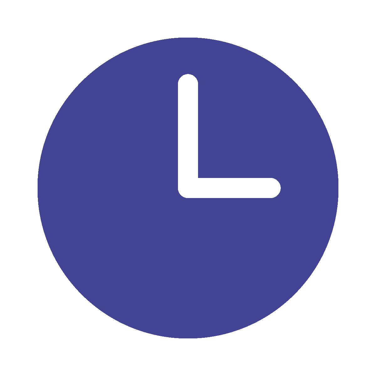 A graphic of an analog clock showing 3:00, with a dark blue circle and black hour and minute hands.