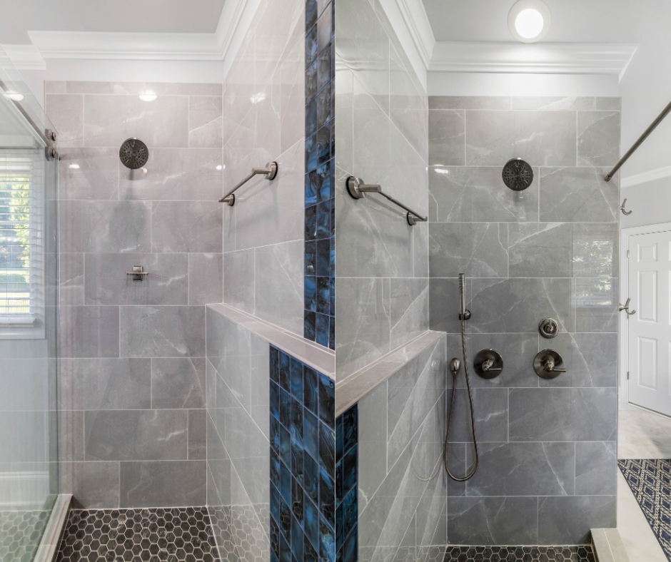 Spacious walk-in shower with two shower heads, a handheld shower, and gray and blue tile.