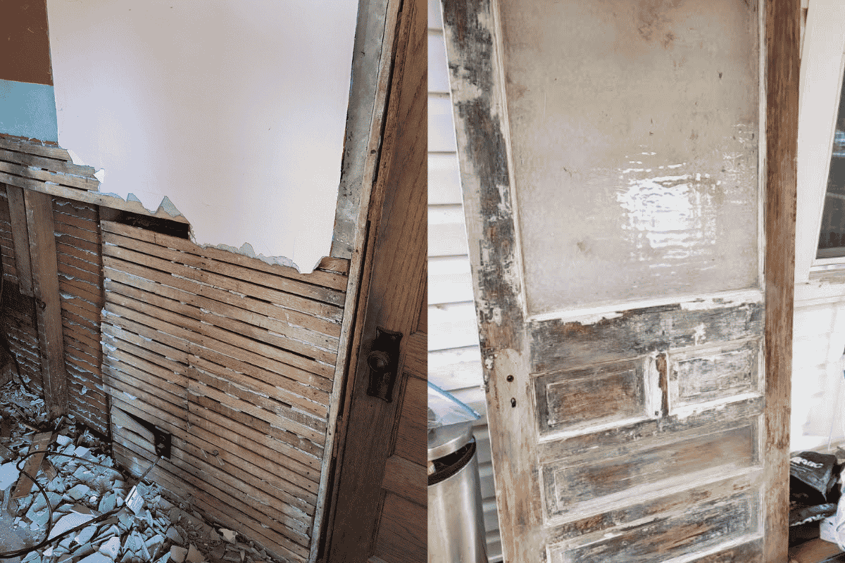 Old plaster and wood lath removed during renovation beside a salvaged exterior door for a 1919 Sears kit house in Pembroke, Virginia.